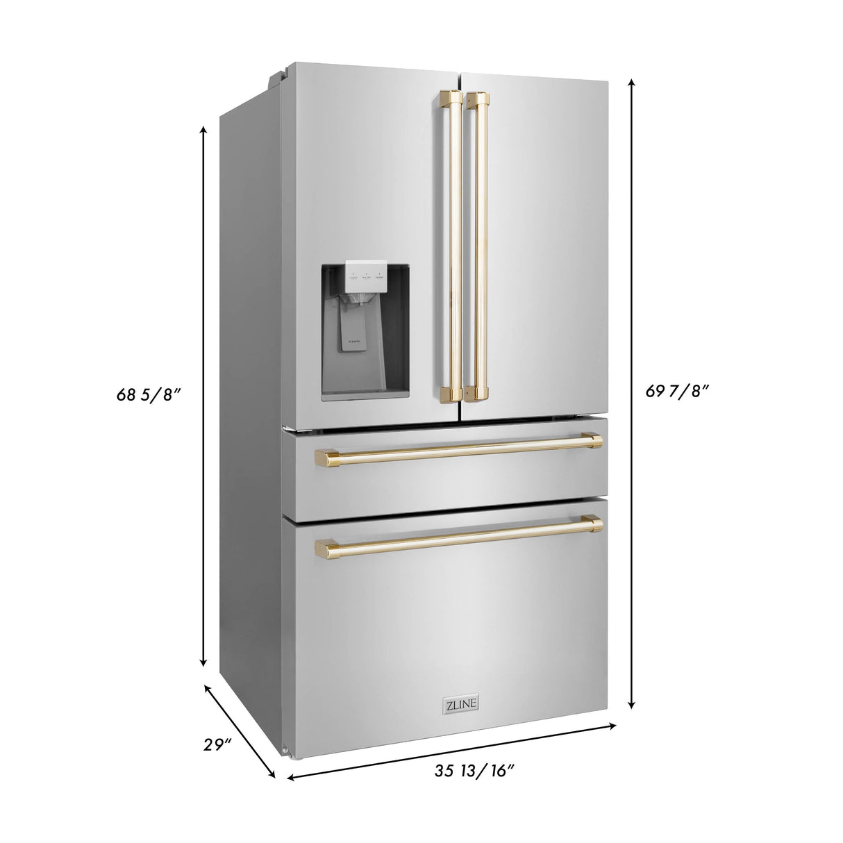 ZLINE 36" Autograph Edition 21.6 cu. ft 4-Door French Door Refrigerator with Water and Ice Dispenser in Fingerprint Resistant Stainless Steel with Gold Accents (RFMZ-W-36-G)