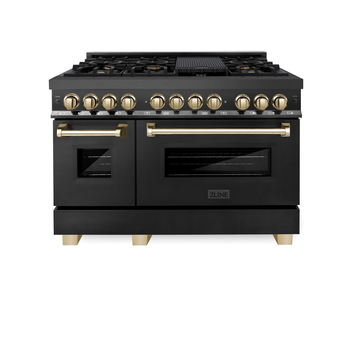 ZLINE Autograph Edition 48" 6.0 cu ft Dual Fuel Range with Gas Stove and Electric Oven in Black Stainless Steel with Gold Accents (RABZ-48-G)