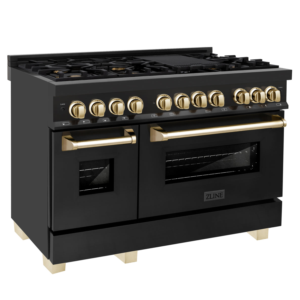 ZLINE Autograph Edition 48" 6.0 cu ft Dual Fuel Range with Gas Stove and Electric Oven in Black Stainless Steel with Gold Accents (RABZ-48-G)