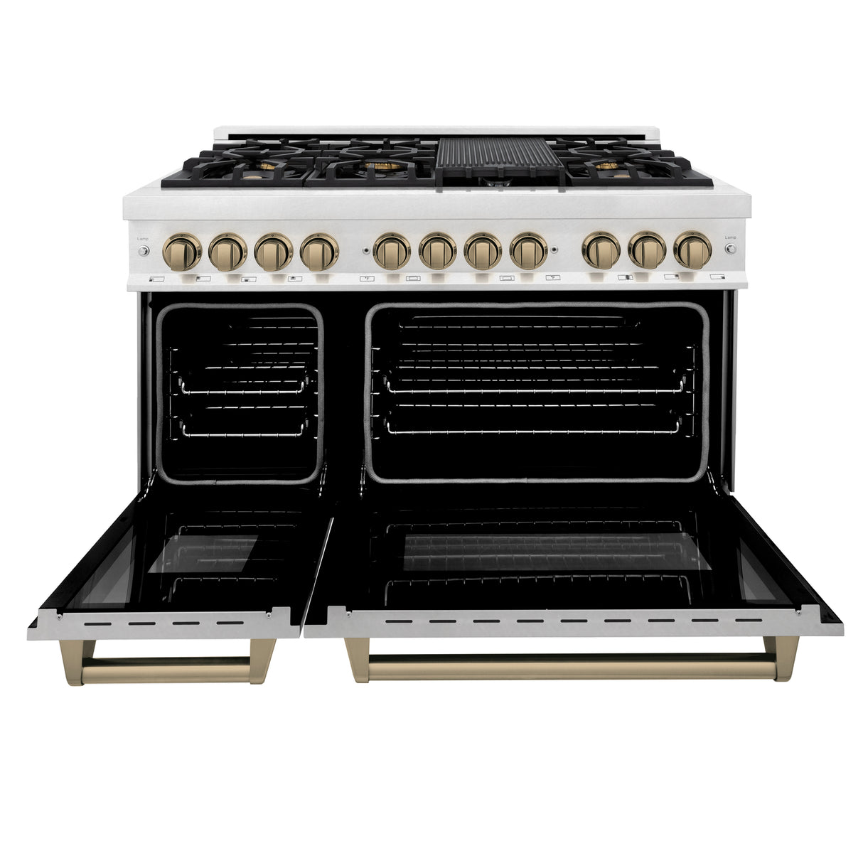 ZLINE Autograph Edition 48" 6.0 cu ft Dual Fuel Range with Gas Stove and Electric Oven in Fingerprint Resistant Stainless Steel with Champagne Bronze Accents (RASZ-SN-48-CB)