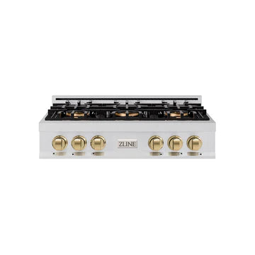 ZLINE Autograph Edition 36 in. Classic Gas Rangetop with 6 Burner DuoPro™ Cooktop in Stainless Steel and Champagne Bronze Accents (PCRTZ-36-CB)