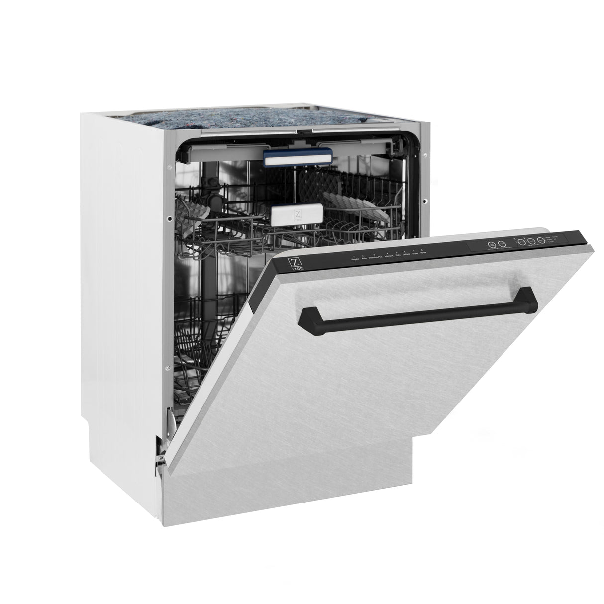 ZLINE Autograph Edition 24" 3rd Rack Top Control Built-In Tall Tub Dishwasher in Fingerprint Resistant Stainless Steel with Matte Black Handle, 51dBa (DWVZ-SN-24-MB)