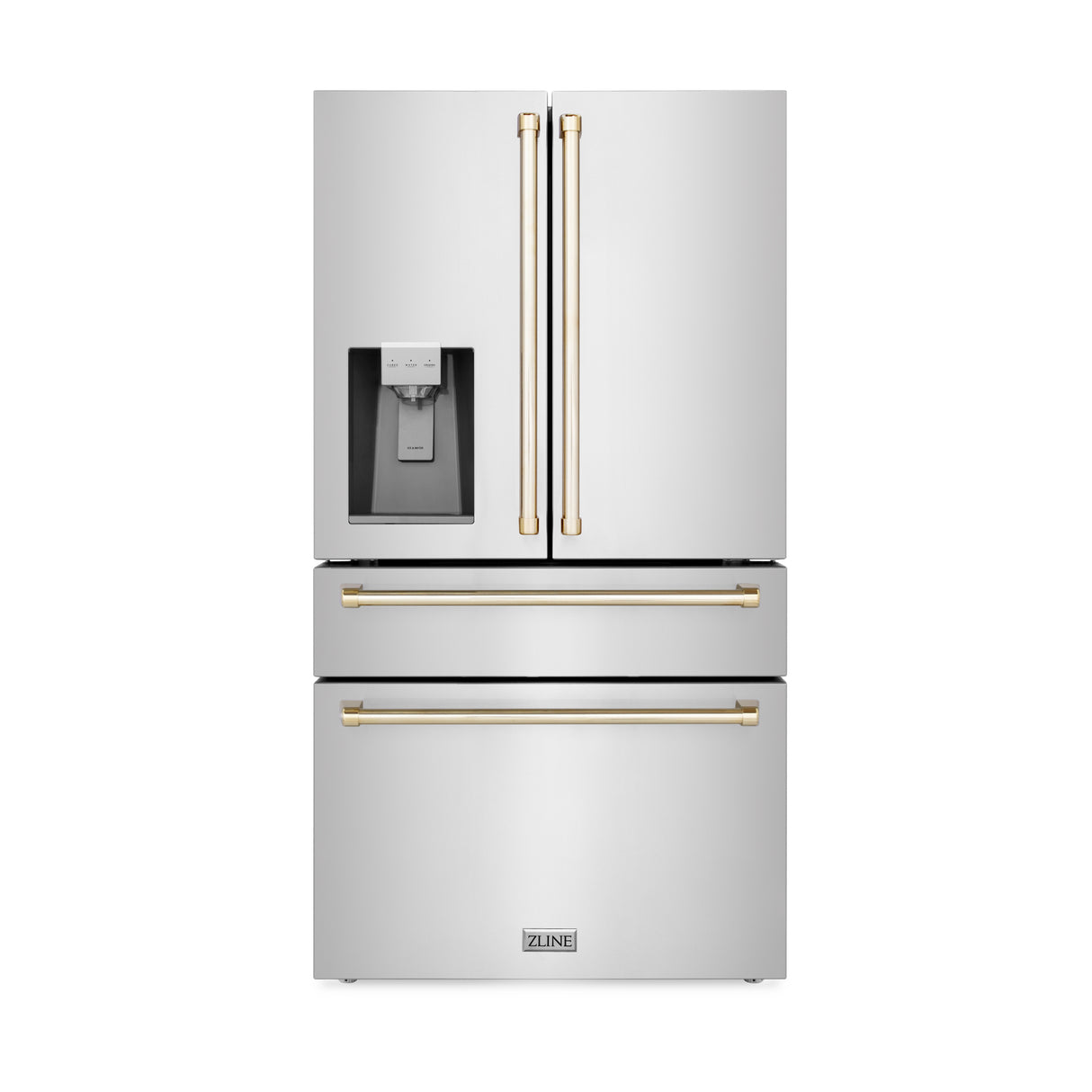 ZLINE 36" Autograph Edition 21.6 cu. ft 4-Door French Door Refrigerator with Water and Ice Dispenser in Fingerprint Resistant Stainless Steel with Gold Accents (RFMZ-W-36-G)