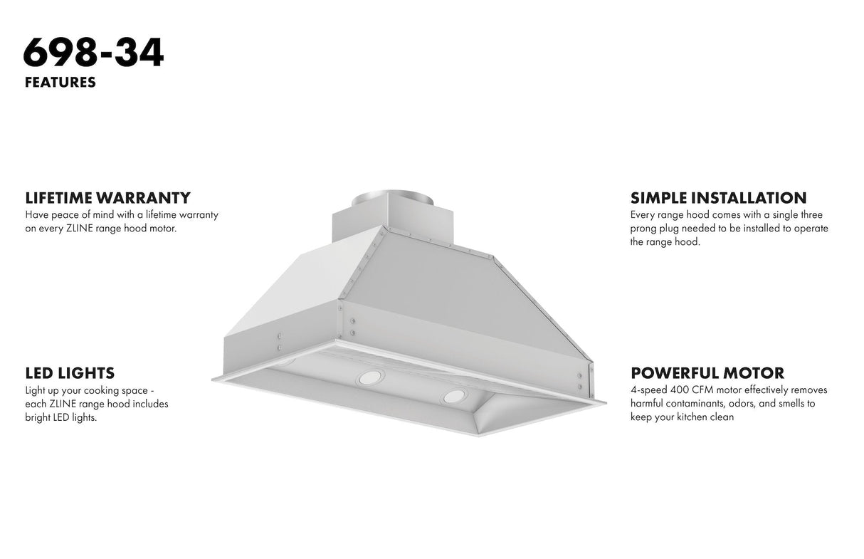 ZLINE 34" Ducted Wall Mount Range Hood Insert in Stainless Steel (698-34)