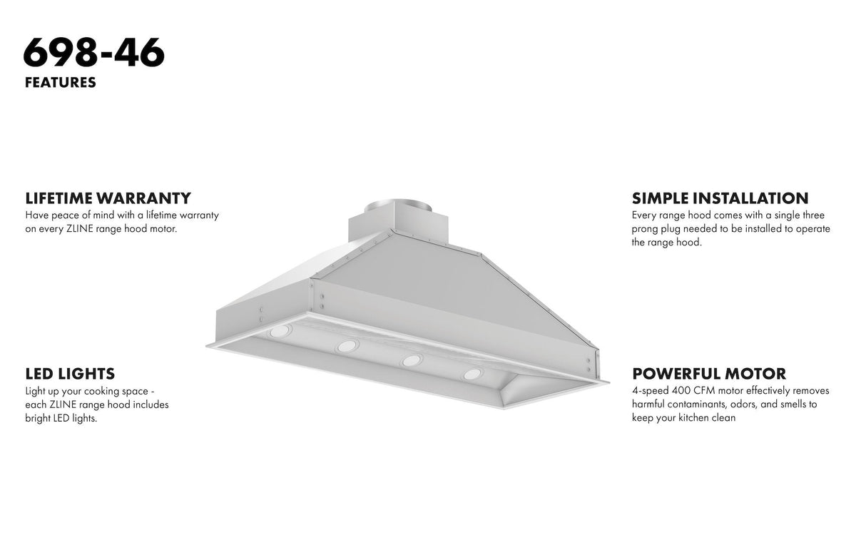 ZLINE 40" Ducted Wall Mount Range Hood Insert in Stainless Steel (698-40)