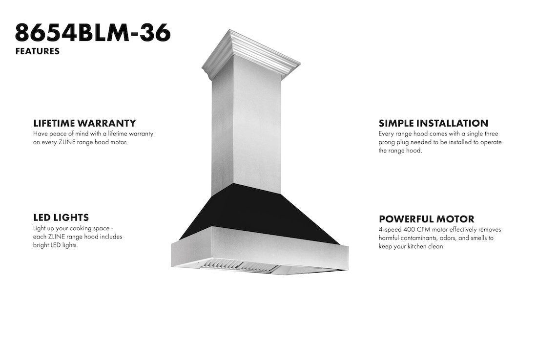 ZLINE 48" Ducted Fingerprint Resistant Stainless Steel Range Hood with Black Matte Shell (8654BLM-48)