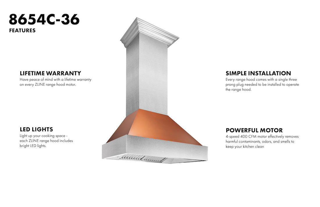 ZLINE 30" Ducted Fingerprint Resistant Stainless Steel Range Hood with Copper Shell (8654C-30)