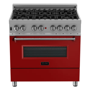 ZLINE 36" 4.6 cu ft Dual Fuel Range with Gas Stove and Electric Oven in Fingerprint Resistant Stainless Steel and Red Matte Door (RAS-RM-36)