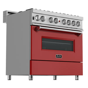 ZLINE 36" 4.6 cu ft Dual Fuel Range with Gas Stove and Electric Oven in Fingerprint Resistant Stainless Steel and Red Matte Door (RAS-RM-36)