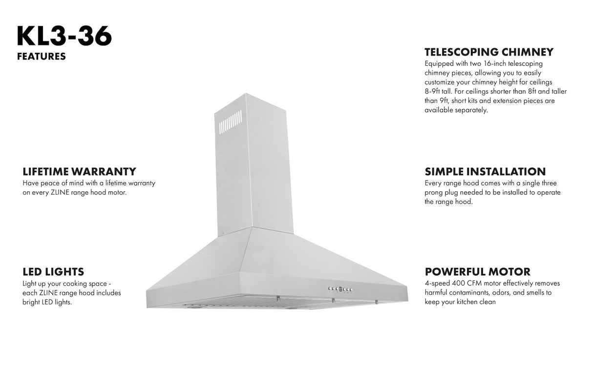 ZLINE 36" Convertible Vent Convertible Vent Wall Mount Range Hood in Stainless Steel (KL3-36)