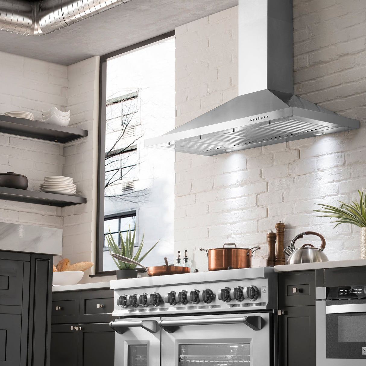 ZLINE 48" Convertible Wall Mount Range Hood in Stainless Steel with Set of 2 Charcoal Filters, LED lighting and Dishwasher-Safe Baffle Filters (KB-CF-48)