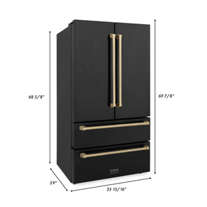 ZLINE 36" Autograph Edition 22.5 cu. ft 4-Door French Door Refrigerator with Ice Maker in Fingerprint Resistant Black Stainless Steel with Champagne Bronze Accents (RFMZ-36-BS-CB)