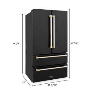 ZLINE 36" Autograph Edition 22.5 cu. ft 4-Door French Door Refrigerator with Ice Maker in Fingerprint Resistant Black Stainless Steel with Gold Accents (RFMZ-36-BS-G)