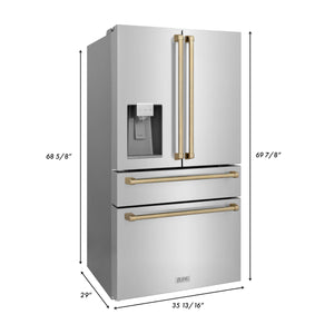 ZLINE 36" Autograph Edition 21.6 cu. ft 4-Door French Door Refrigerator with Water and Ice Dispenser in Fingerprint Resistant Stainless Steel with Champagne Bronze Accents (RFMZ-W-36-CB)