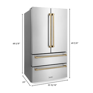 ZLINE 36" Autograph Edition 22.5 cu. ft 4-Door French Door Refrigerator with Ice Maker in Fingerprint Resistant Stainless Steel with Champagne Bronze Accents (RFMZ-36-CB)