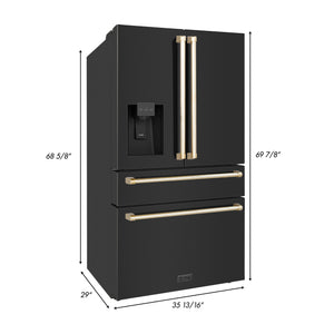 ZLINE 36" Autograph Edition 21.6 cu. ft 4-Door French Door Refrigerator with Water and Ice Dispenser in Fingerprint Resistant Black Stainless Steel with Gold Handles (RFMZ-W-36-BS-G)