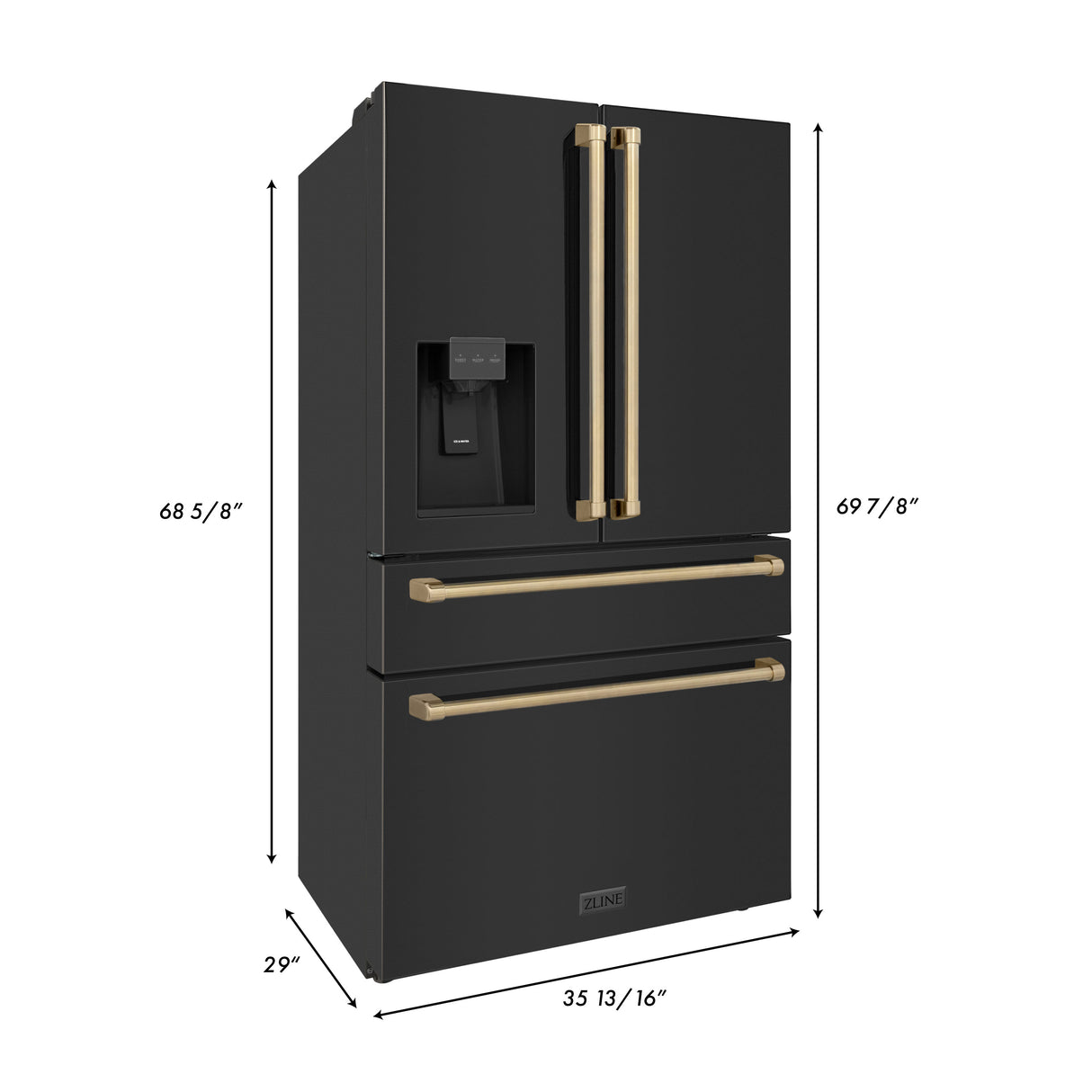 ZLINE 36" Autograph Edition 21.6 cu. ft 4-Door French Door Refrigerator with Water and Ice Dispenser in Fingerprint Resistant Black Stainless Steel with Champagne Bronze Handles (RFMZ-W-36-BS-CB)