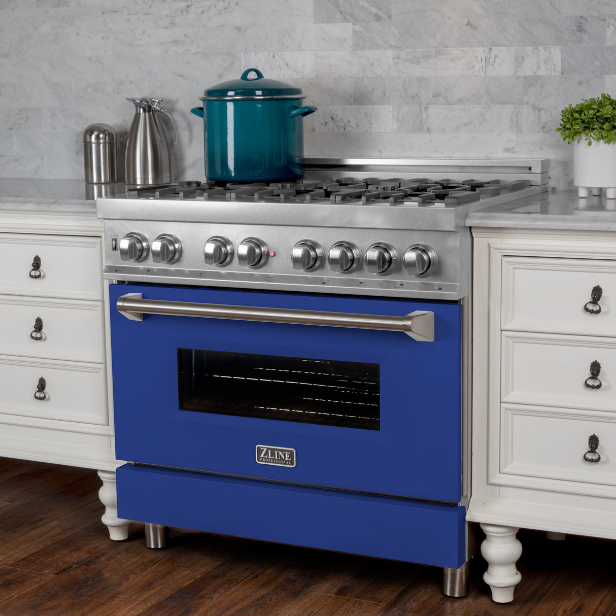 ZLINE 36" 4.6 cu ft Dual Fuel Range with Gas Stove and Electric Oven in Fingerprint Resistant Stainless Steel and Blue Matte Door (RAS-BM-36)