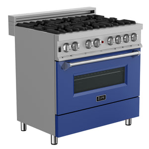 ZLINE 36" 4.6 cu ft Dual Fuel Range with Gas Stove and Electric Oven in Fingerprint Resistant Stainless Steel and Blue Matte Door (RAS-BM-36)