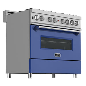 ZLINE 36" 4.6 cu ft Dual Fuel Range with Gas Stove and Electric Oven in Fingerprint Resistant Stainless Steel and Blue Matte Door (RAS-BM-36)