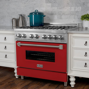 ZLINE 36" 4.6 cu ft Dual Fuel Range with Gas Stove and Electric Oven in Fingerprint Resistant Stainless Steel and Red Matte Door (RAS-RM-36)