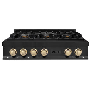 ZLINE Autograph Edition 36" Porcelain Rangetop with 6 Gas Burners in Black Stainless Steel and Gold Accents (RTBZ-36-G)