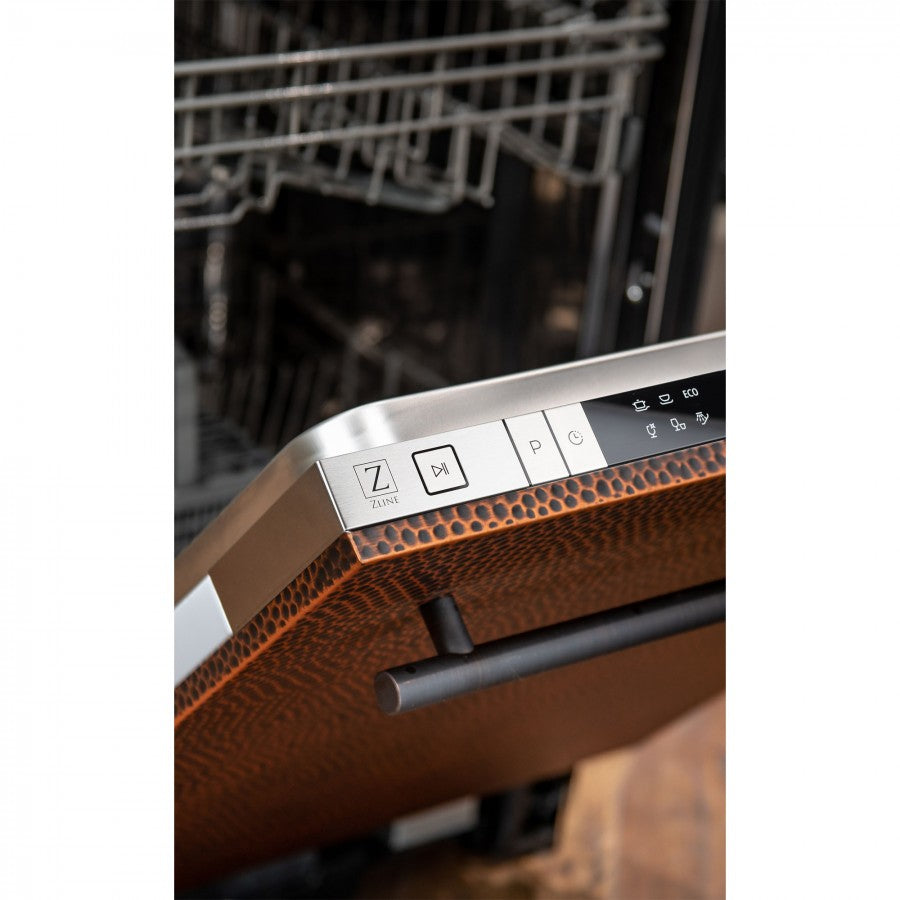 ZLINE 18" Compact Hand-Hammered Copper Top Control Built-In Dishwasher with Stainless Steel Tub and Modern Style Handle, 52dBa (DW-HH-18)