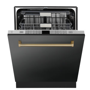 ZLINE Autograph Edition 24" 3rd Rack Top Touch Control Tall Tub Dishwasher in Black Stainless Steel with Champagne Bronze Handle, 45dBa (DWMTZ-BS-24-CB)