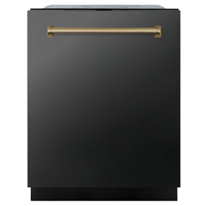 ZLINE Autograph Edition 24" 3rd Rack Top Touch Control Tall Tub Dishwasher in Black Stainless Steel with Champagne Bronze Handle, 45dBa (DWMTZ-BS-24-CB)