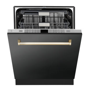 ZLINE Autograph Edition 24" 3rd Rack Top Touch Control Tall Tub Dishwasher in Black Stainless Steel with Gold Handle, 45dBa (DWMTZ-BS-24-G)