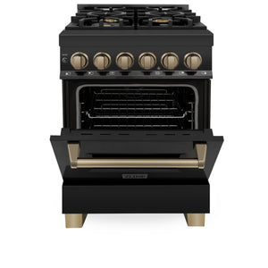 ZLINE Autograph Edition 24" 2.8 cu ft Dual Fuel Range with Gas Stove and Electric Oven in Black Stainless Steel with Champagne Bronze Accents (RABZ-24-CB)