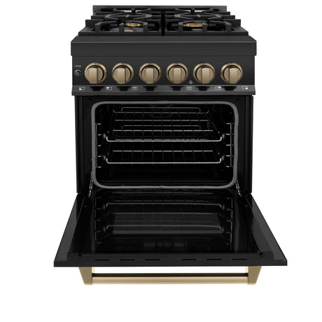 ZLINE Autograph Edition 24" 2.8 cu ft Dual Fuel Range with Gas Stove and Electric Oven in Black Stainless Steel with Champagne Bronze Accents (RABZ-24-CB)