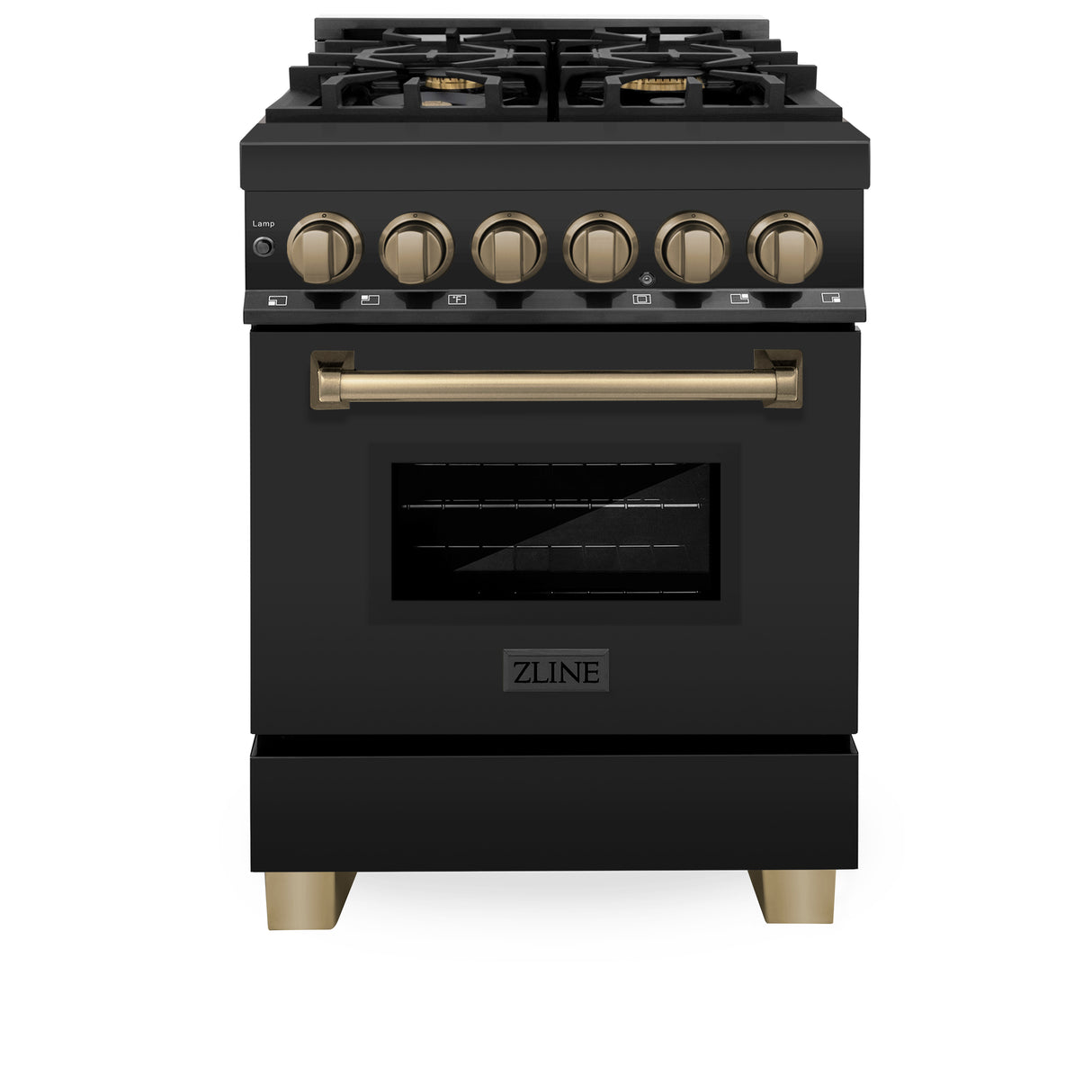 ZLINE Autograph Edition 24" 2.8 cu ft Dual Fuel Range with Gas Stove and Electric Oven in Black Stainless Steel with Champagne Bronze Accents (RABZ-24-CB)