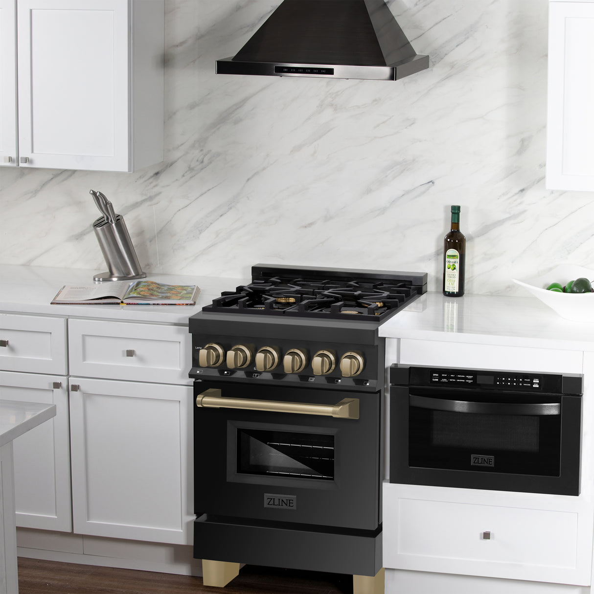 ZLINE Autograph Edition 24" 2.8 cu ft Dual Fuel Range with Gas Stove and Electric Oven in Black Stainless Steel with Champagne Bronze Accents (RABZ-24-CB)