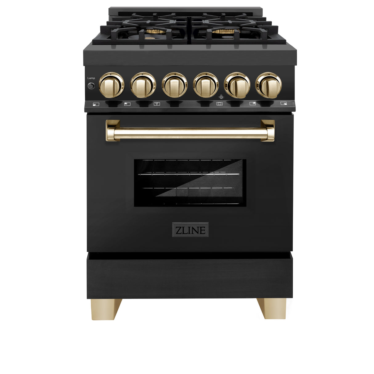 ZLINE Autograph Edition 24" 2.8 cu ft Dual Fuel Range with Gas Stove and Electric Oven in Black Stainless Steel with Gold Accents (RABZ-24-G)