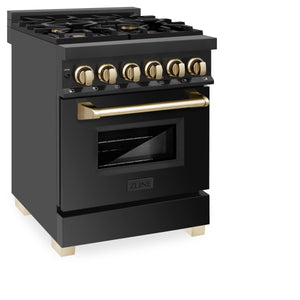 ZLINE Autograph Edition 24" 2.8 cu ft Dual Fuel Range with Gas Stove and Electric Oven in Black Stainless Steel with Gold Accents (RABZ-24-G)