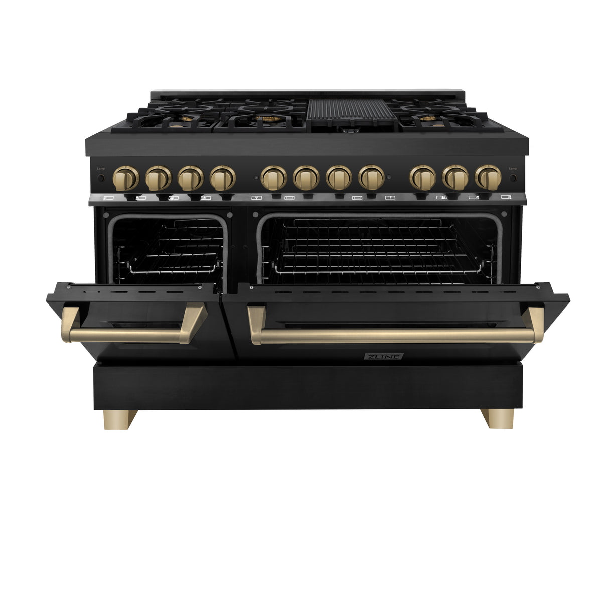 ZLINE Autograph Edition 48" 6.0 cu ft Dual Fuel Range with Gas Stove and Electric Oven in Black Stainless Steel with Champagne Bronze Accents (RABZ-48-CB)