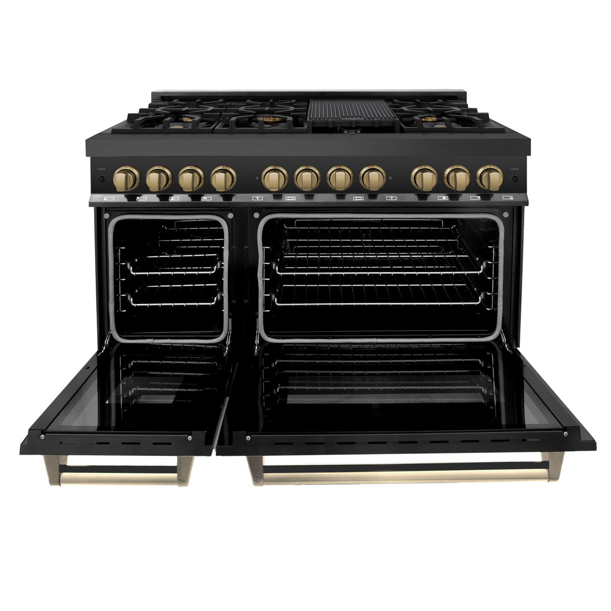 ZLINE Autograph Edition 48" 6.0 cu ft Dual Fuel Range with Gas Stove and Electric Oven in Black Stainless Steel with Champagne Bronze Accents (RABZ-48-CB)