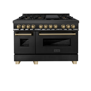 ZLINE Autograph Edition 48" 6.0 cu ft Dual Fuel Range with Gas Stove and Electric Oven in Black Stainless Steel with Champagne Bronze Accents (RABZ-48-CB)