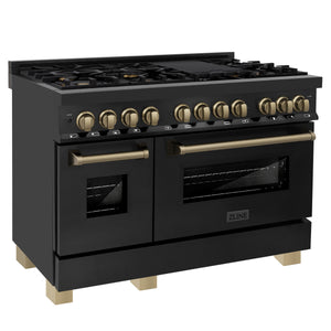 ZLINE Autograph Edition 48" 6.0 cu ft Dual Fuel Range with Gas Stove and Electric Oven in Black Stainless Steel with Champagne Bronze Accents (RABZ-48-CB)