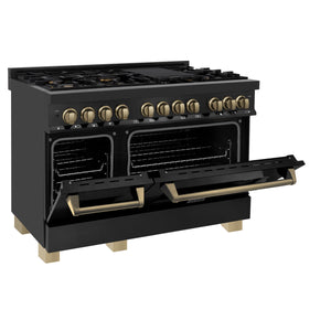 ZLINE Autograph Edition 48" 6.0 cu ft Dual Fuel Range with Gas Stove and Electric Oven in Black Stainless Steel with Champagne Bronze Accents (RABZ-48-CB)