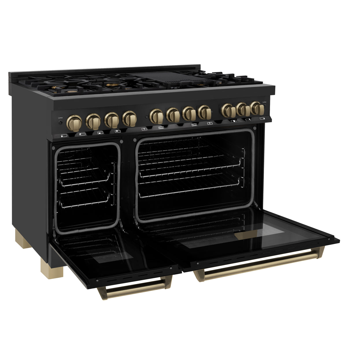 ZLINE Autograph Edition 48" 6.0 cu ft Dual Fuel Range with Gas Stove and Electric Oven in Black Stainless Steel with Champagne Bronze Accents (RABZ-48-CB)