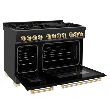 ZLINE Autograph Edition 48" 6.0 cu ft Dual Fuel Range with Gas Stove and Electric Oven in Black Stainless Steel with Gold Accents (RABZ-48-G)