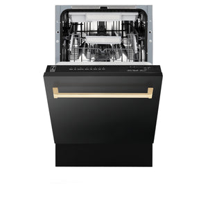 ZLINE Autograph Edition 18" Compact 3rd Rack Top Control Built-In Dishwasher in Black Stainless Steel with Gold Handle, 51dBa (DWVZ-BS-18-G)