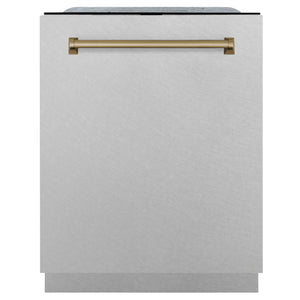 ZLINE Autograph Edition 24" 3rd Rack Top Touch Control Tall Tub Dishwasher in Fingerprint Resistant Stainless Steel with Champagne Bronze Handle, 45dBa (DWMTZ-SN-24-CB)