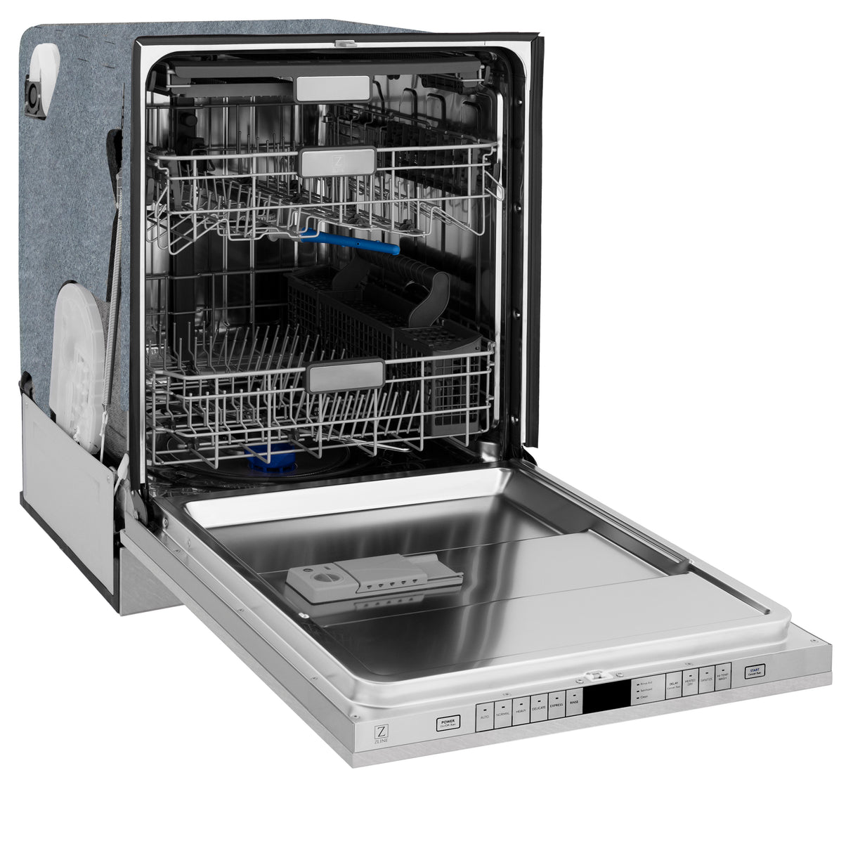 ZLINE Autograph Edition 24" 3rd Rack Top Control Built-In Tall Tub Dishwasher in Fingerprint Resistant Stainless Steel with Matte Black Handle, 45dBa (DWMTZ-SN-24-MB)