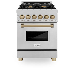 ZLINE Autograph Edition 24" 2.8 cu ft Dual Fuel Range with Gas Stove and Electric Oven in Fingerprint Resistant Stainless Steel with Champagne Bronze Accents (RASZ-SN-24-CB)