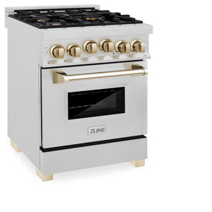 ZLINE Autograph Edition 24" 2.8 cu ft Dual Fuel Range with Gas Stove and Electric Oven in Fingerprint Resistant Stainless Steel with Gold Accents (RASZ-SN-24-G)