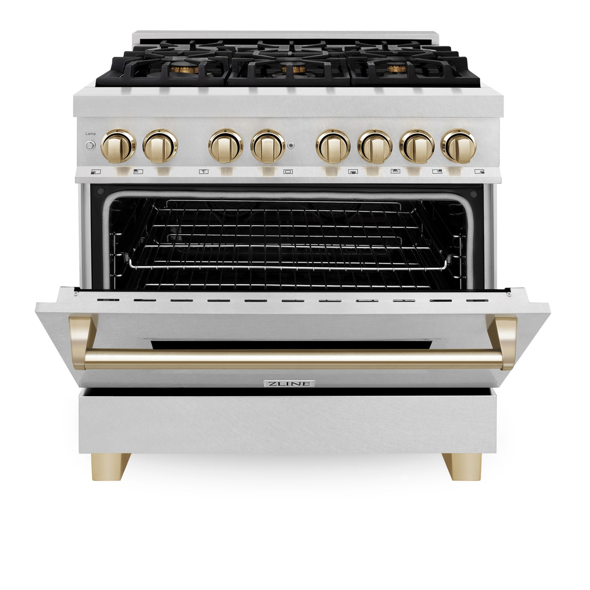 ZLINE Autograph Edition 36" 4.6 cu ft Dual Fuel Range with Gas Stove and Electric Oven in Fingerprint Resistant Stainless Steel with Gold Accents (RASZ-SN-36-G)