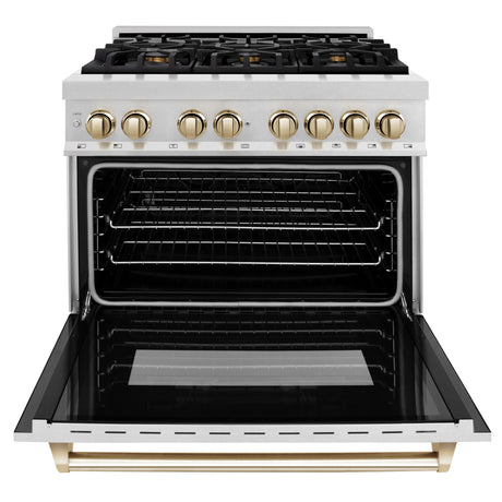 ZLINE Autograph Edition 36" 4.6 cu ft Dual Fuel Range with Gas Stove and Electric Oven in Fingerprint Resistant Stainless Steel with Gold Accents (RASZ-SN-36-G)